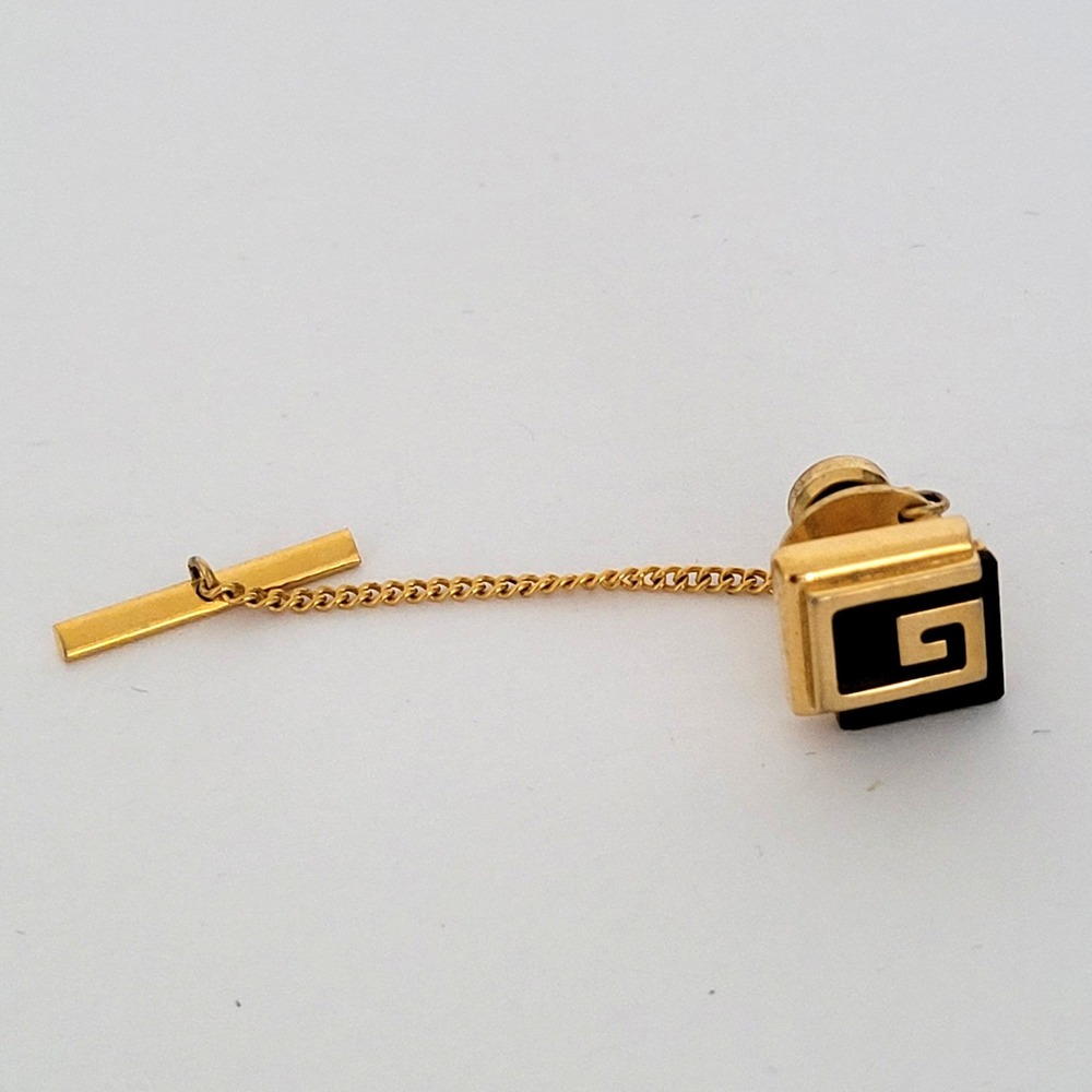 Givenchy Vintage Gold Tone Black Enamel G Logo Tie Tac Pin with Chain Accessory
